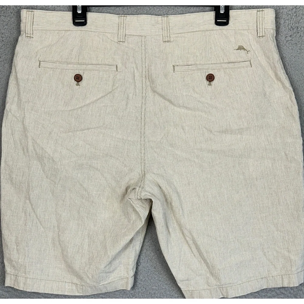 Tommy Bahama Linen Blend Shorts Mens 38 Beige White Striped Casual Chino Logo